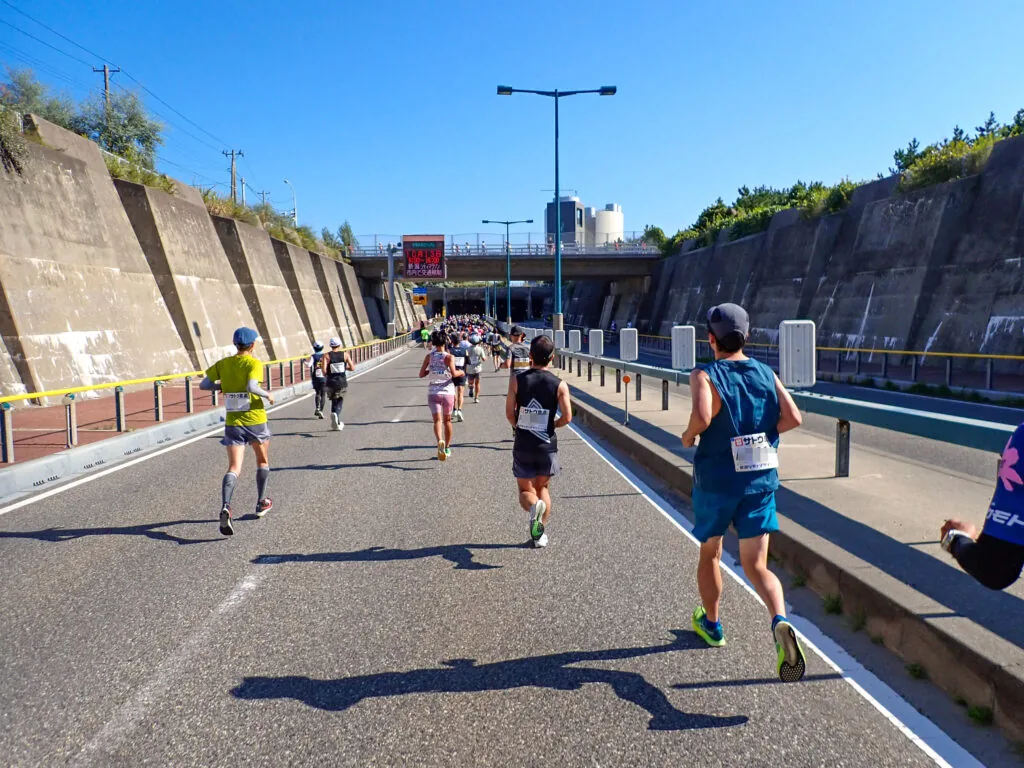 コンクリートの擁壁に挟まれた、新潟みなとトンネルへ向かう道を進むランナーたち