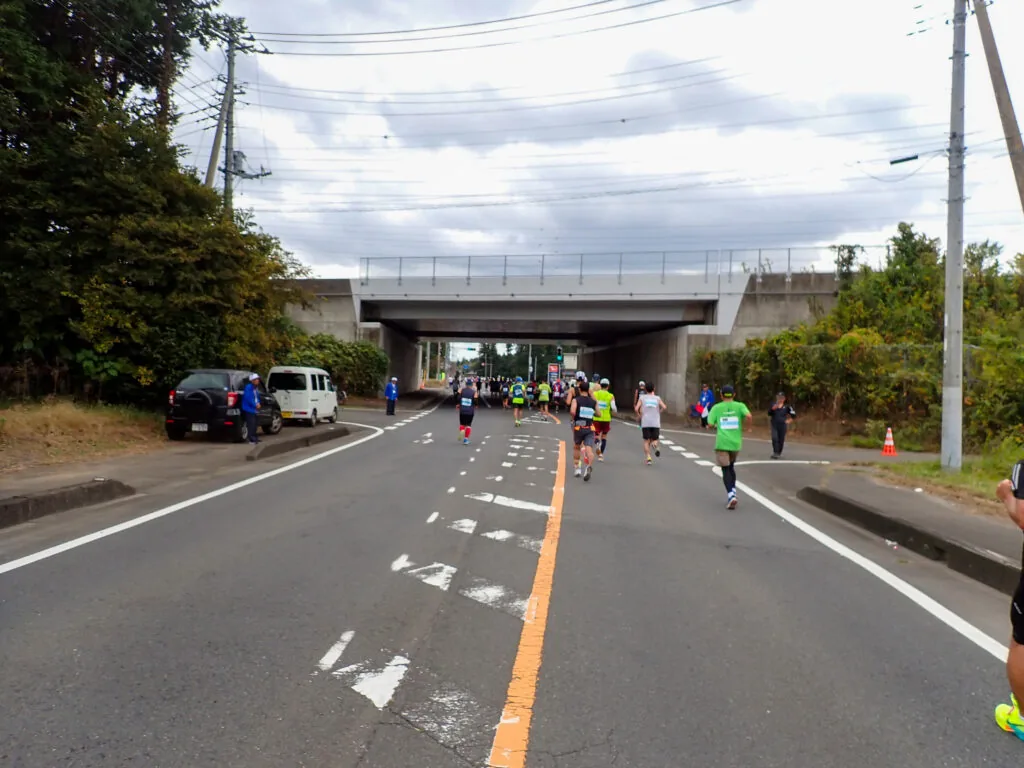 高架の下へ続く道を水戸方面へ進むランナーたち