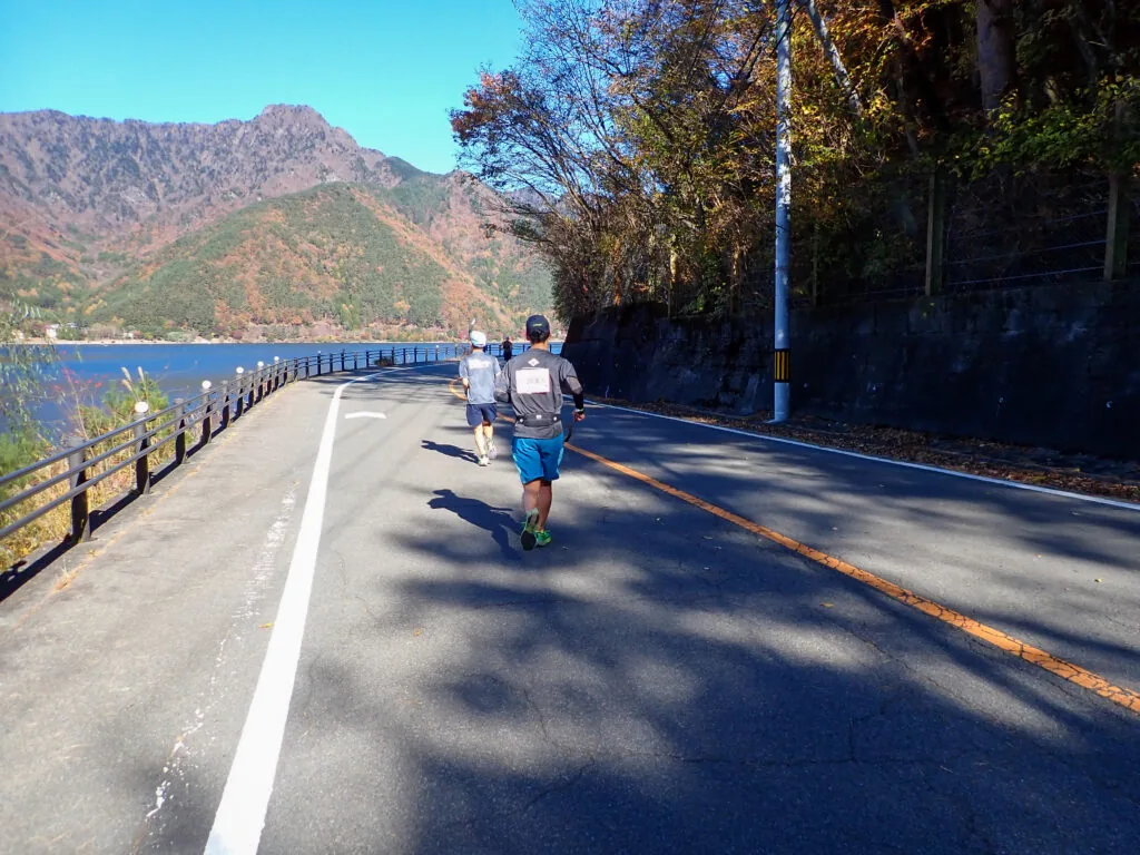 湖岸の柵と山並みを見ながら、西湖の南側を東へ進むランナーたち
