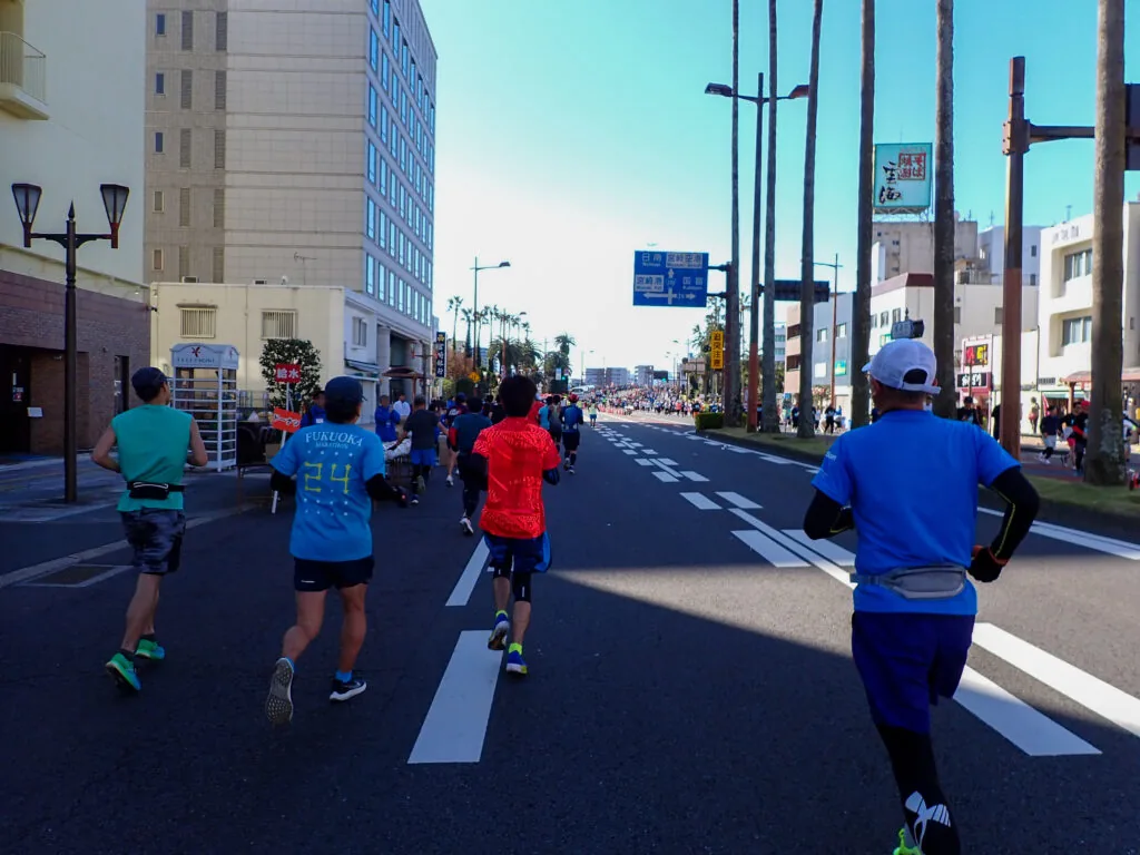 ヤシの並木と高い建物が見える市街地の道を、南へ戻るランナーたち