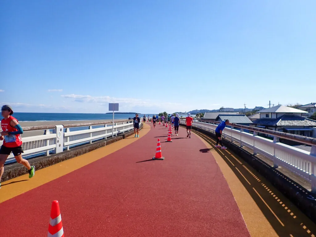 海に沿って赤い舗装の道と白い欄干が続く、堤防沿いを走るランナーたち