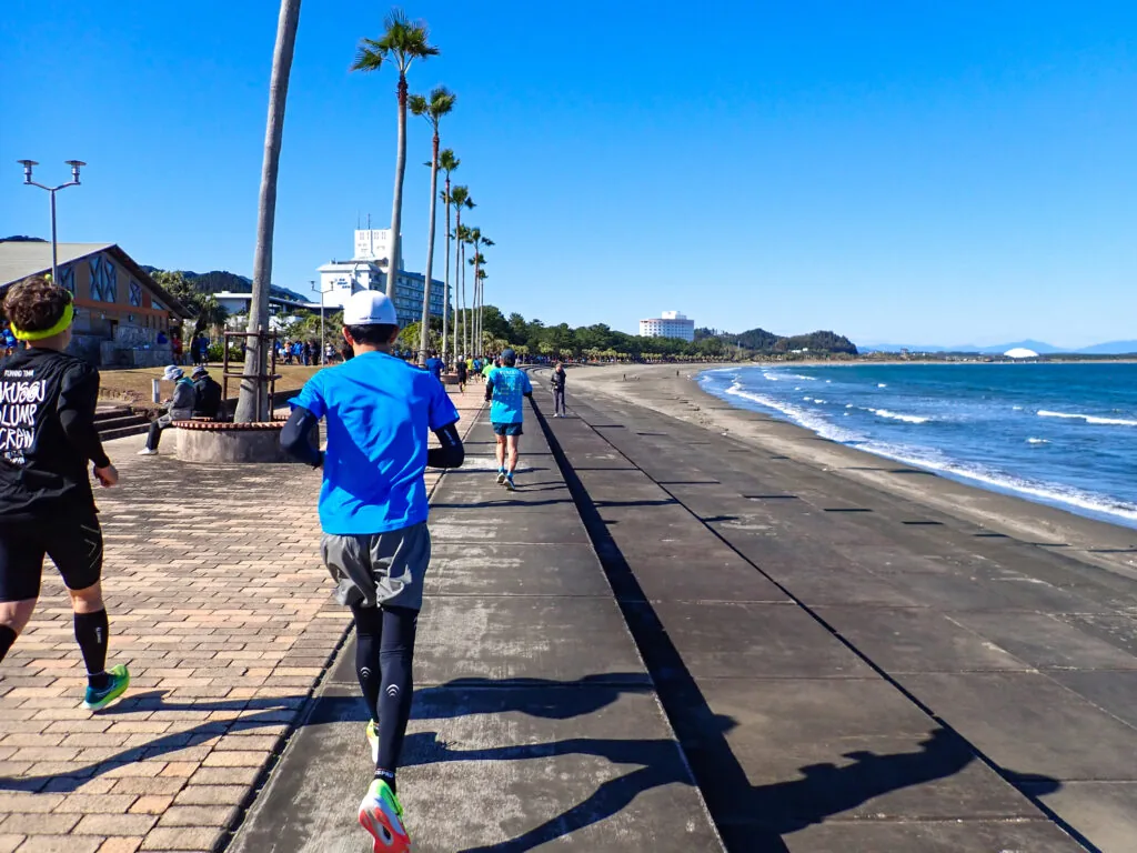 波が打ち寄せる青い海とヤシの並木に沿って、砂浜沿いの道を走るランナーたち