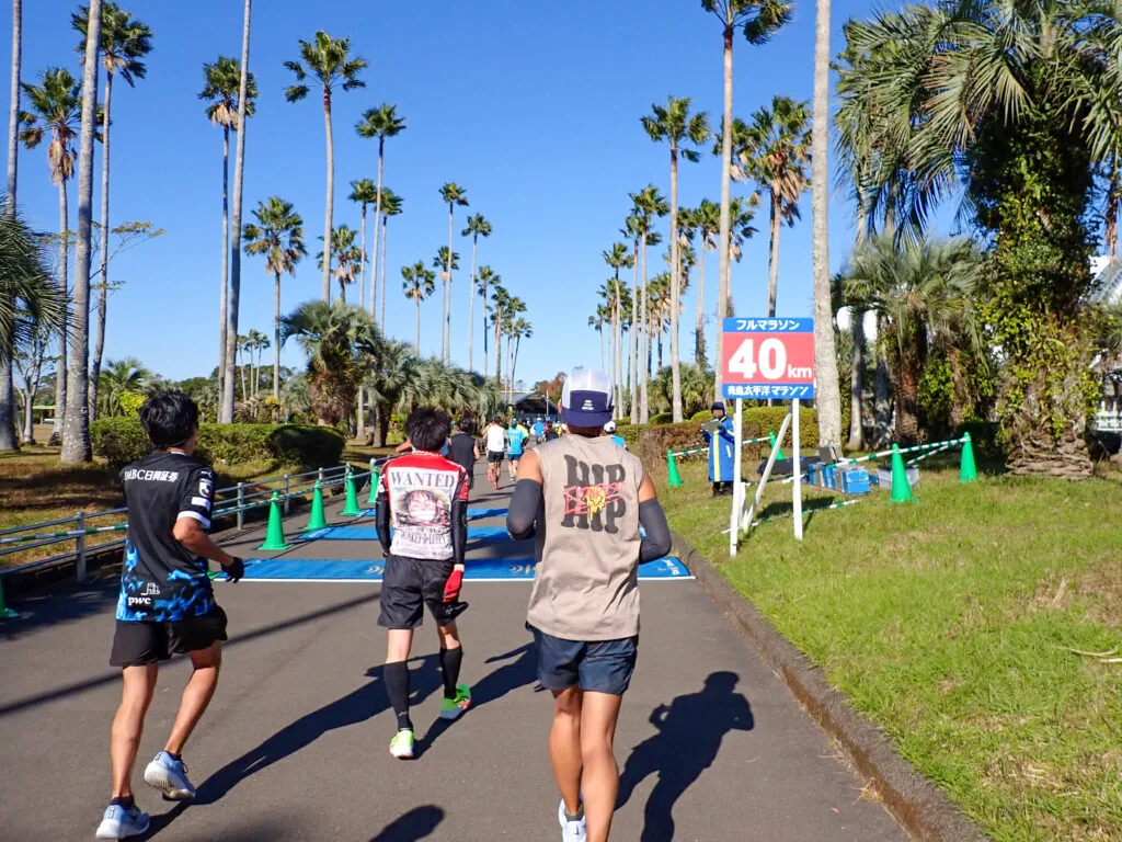 「フルマラソン 40km」の看板が立つ、ヤシの並木道