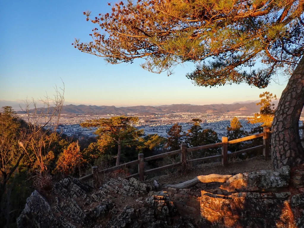 松の枝越しに、広がる市街地と遠くの山並みを見渡す天狗岩からの眺め