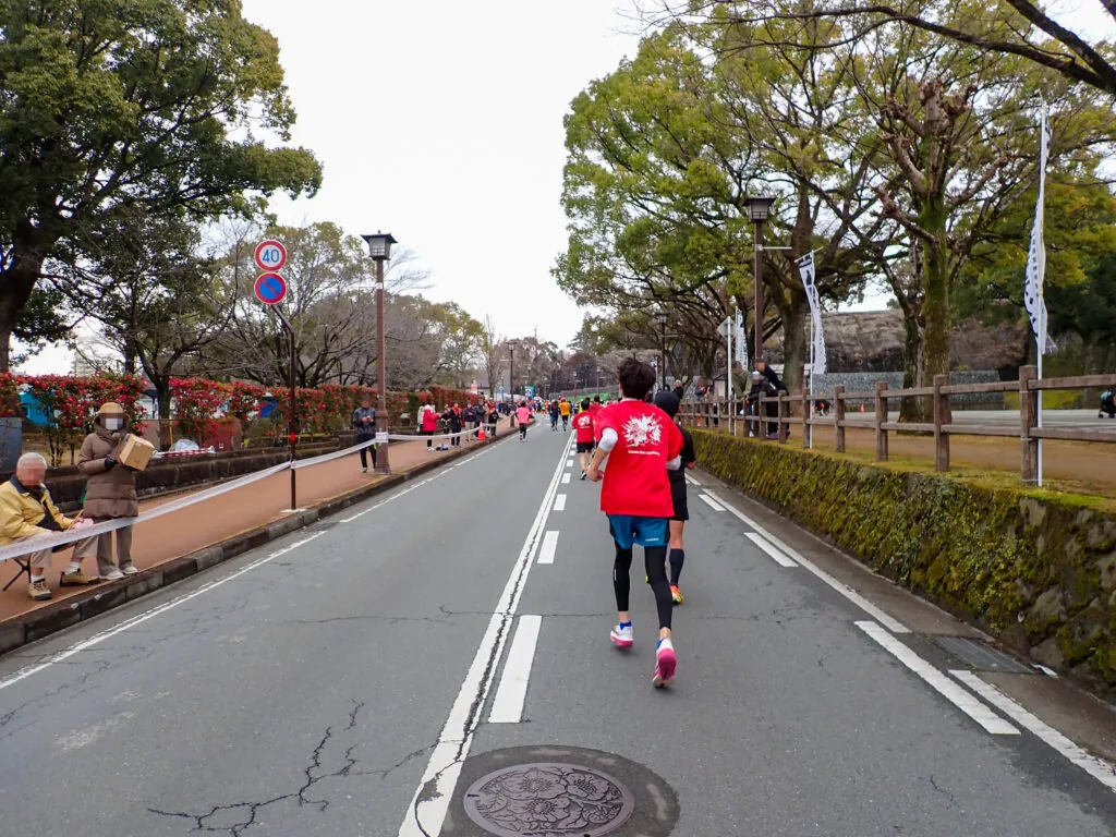木々に囲まれた熊本城周辺の道を進むランナー