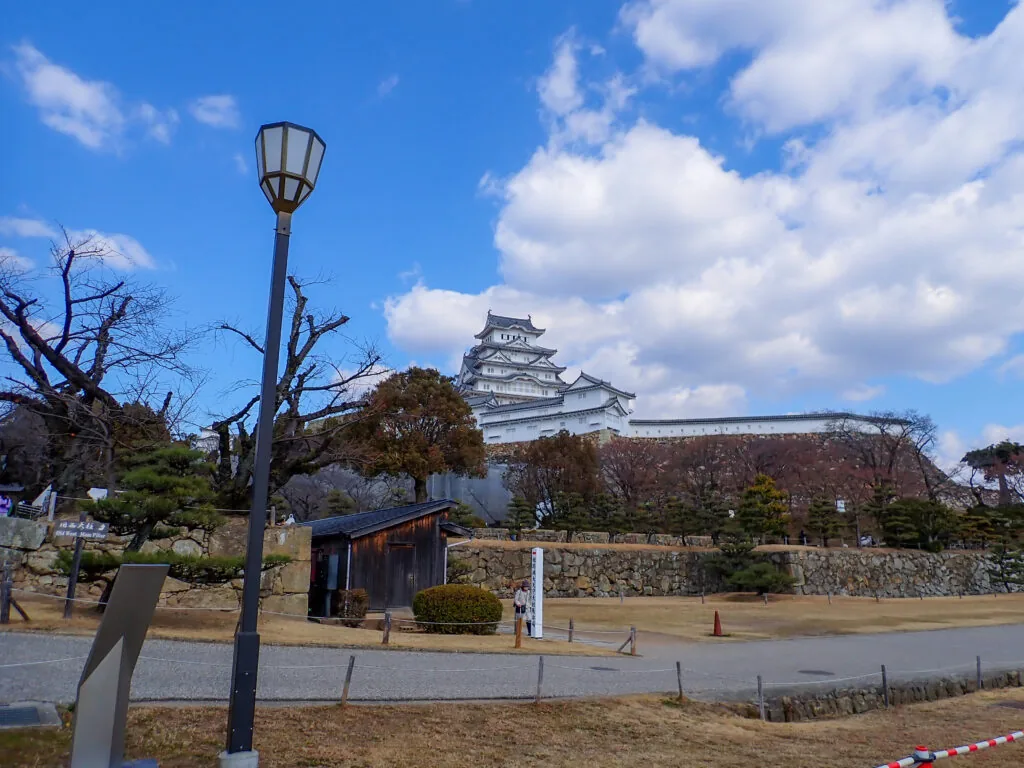 街灯と枯れ木越しに青空の下の姫路城を望む