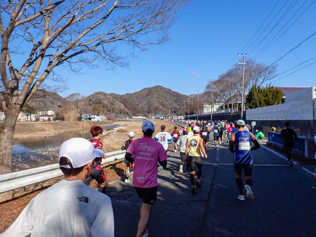 山並みを望む夢前川沿いの道を走るランナーたち