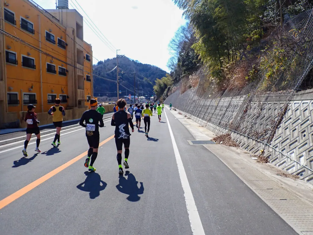 山裾の擁壁に沿った道を走るランナーたち