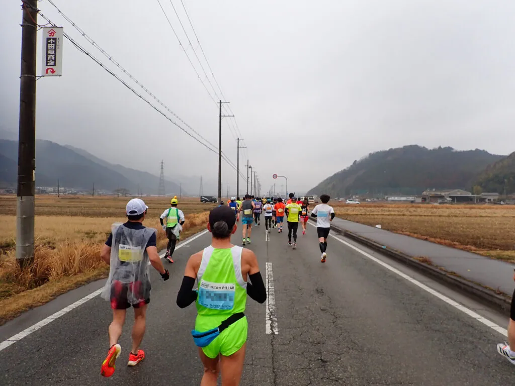 山並みと田んぼが広がる道を進むランナーたち