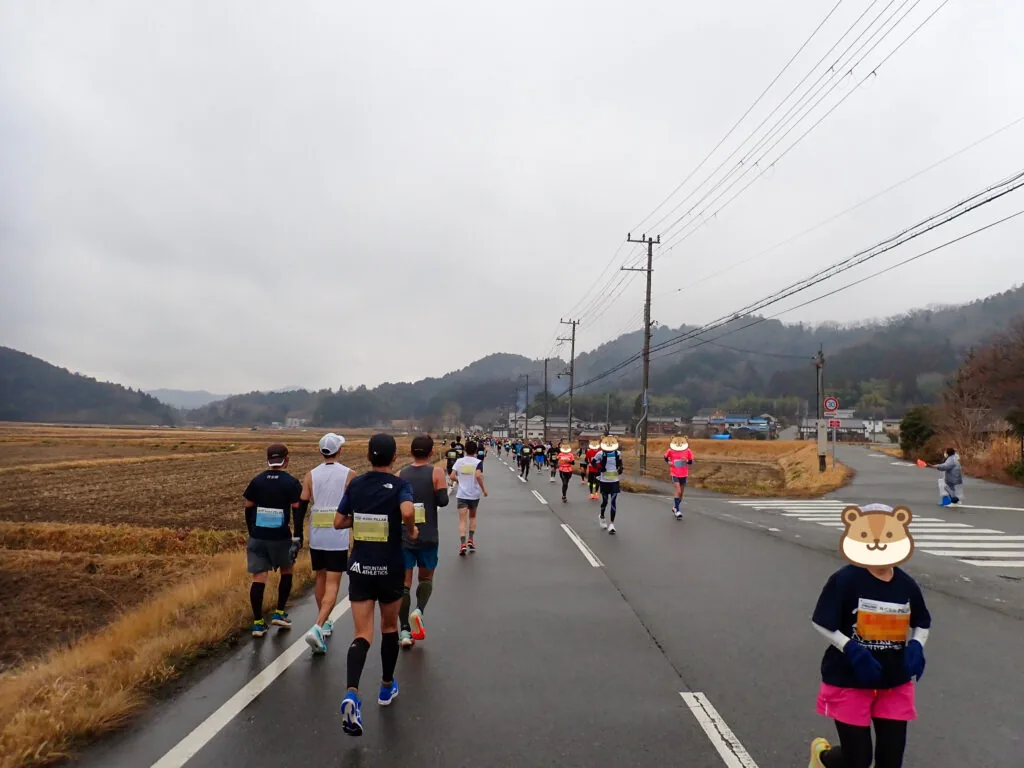 山並みを望む田園の道を進むランナーたち