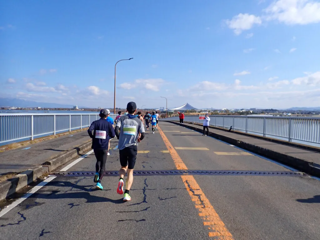 柵越しに湖が広がる矢橋帰帆島付近の道を進むランナーたち
