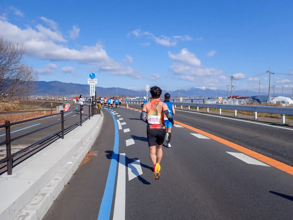 遠くに山並みを望む広い湖岸道路を北へ進むランナー