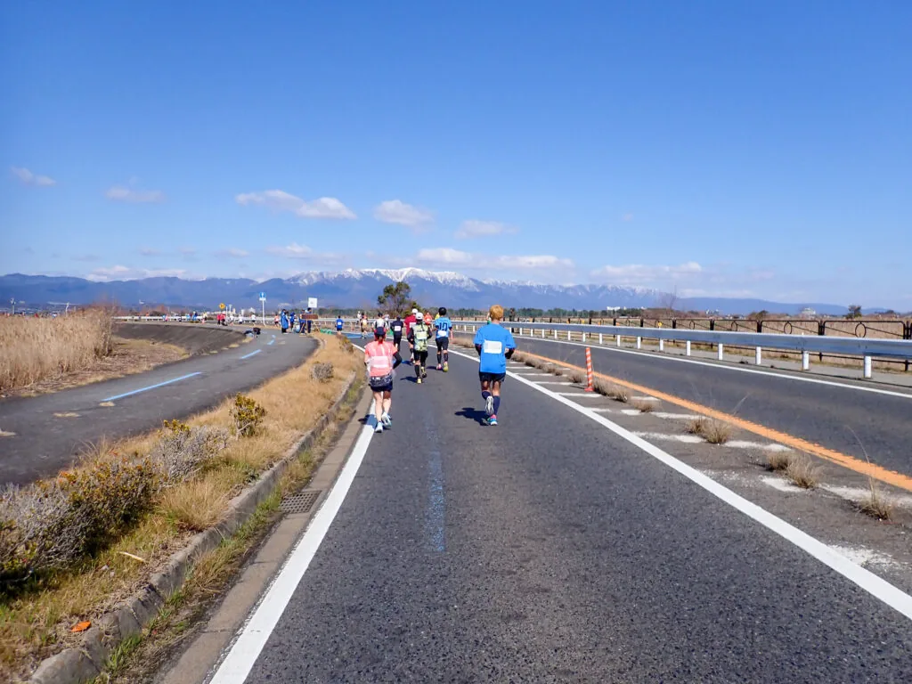 遠くに雪をかぶった比良山を望む湖岸道路を走るランナーたち