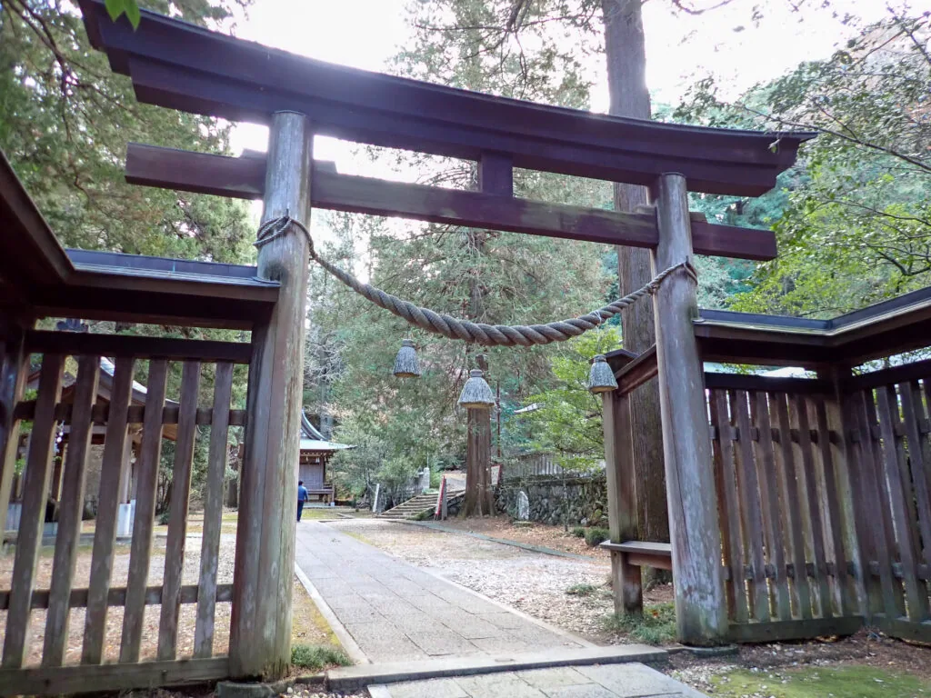 しめ縄を掛けた木の鳥居と奥へ続く参道