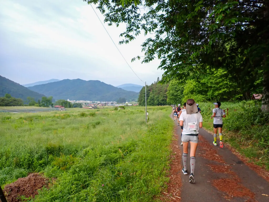 山並みを望む草地沿いの細い道を走るランナー
