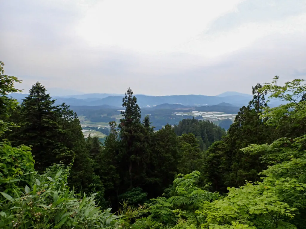 木々の間から山並みと谷あいの町を見渡す眺め