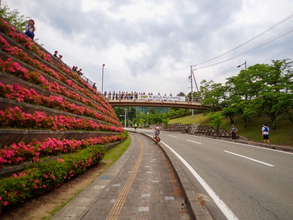 赤やピンクの花が咲く斜面と、遠くの歩道橋で見守る応援の人たち