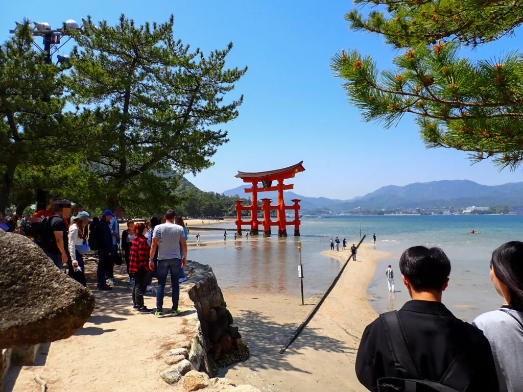 砂浜から望む、海に立つ厳島神社の大鳥居