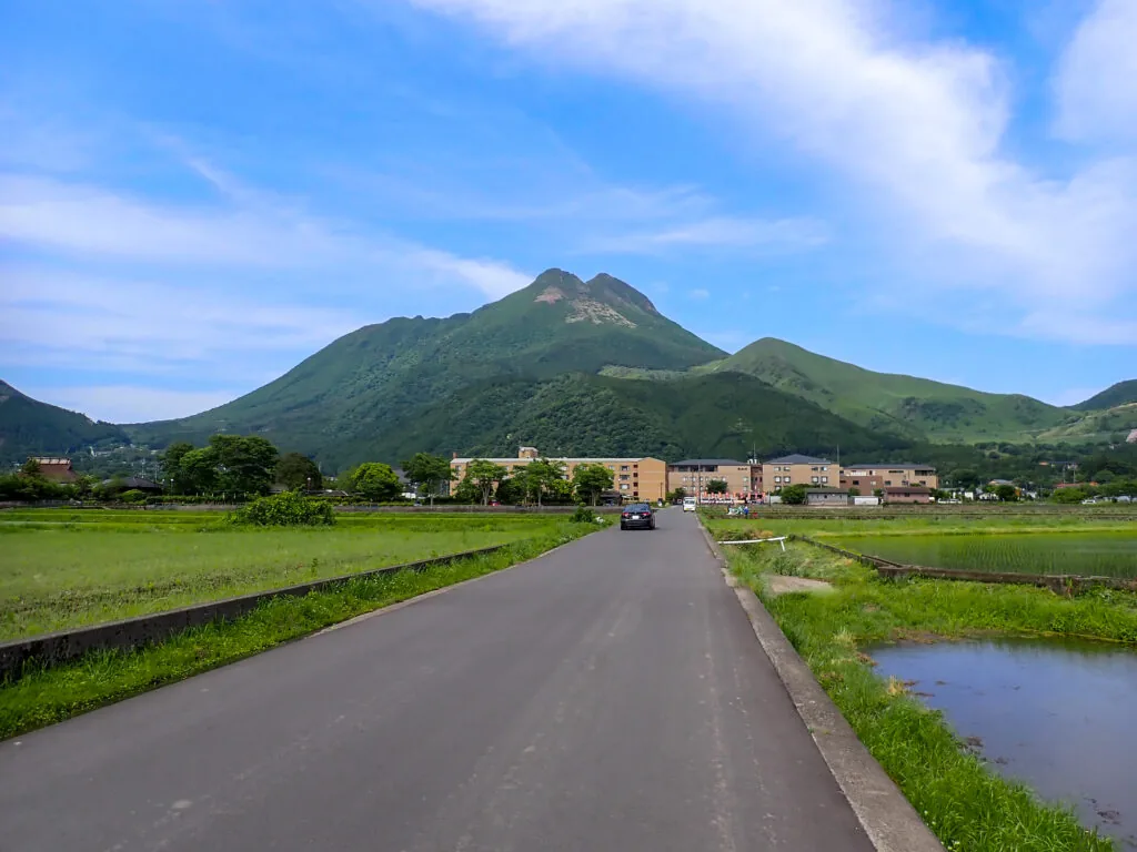 水田の先にそびえる双耳峰の由布岳