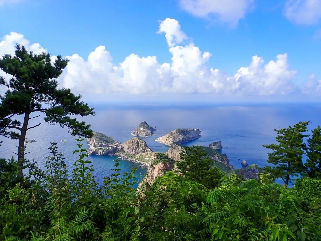 展望台から見下ろす白島崎の岩礁と青い日本海