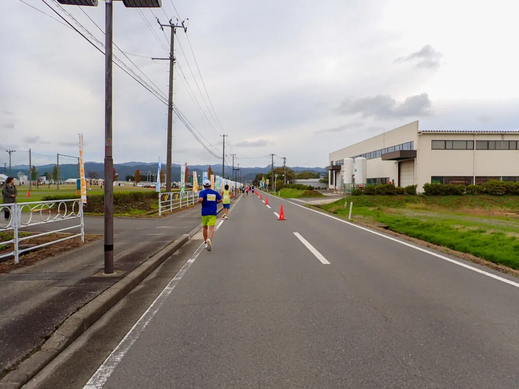 沿道にのぼりが並ぶ競技場近くの道を走るランナー