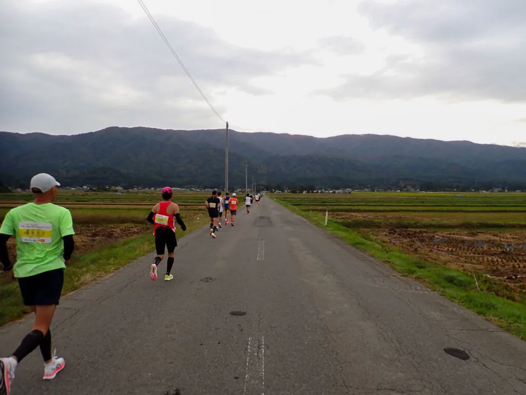 朝日連峰の方へ続く田園の一本道を走るランナーたち