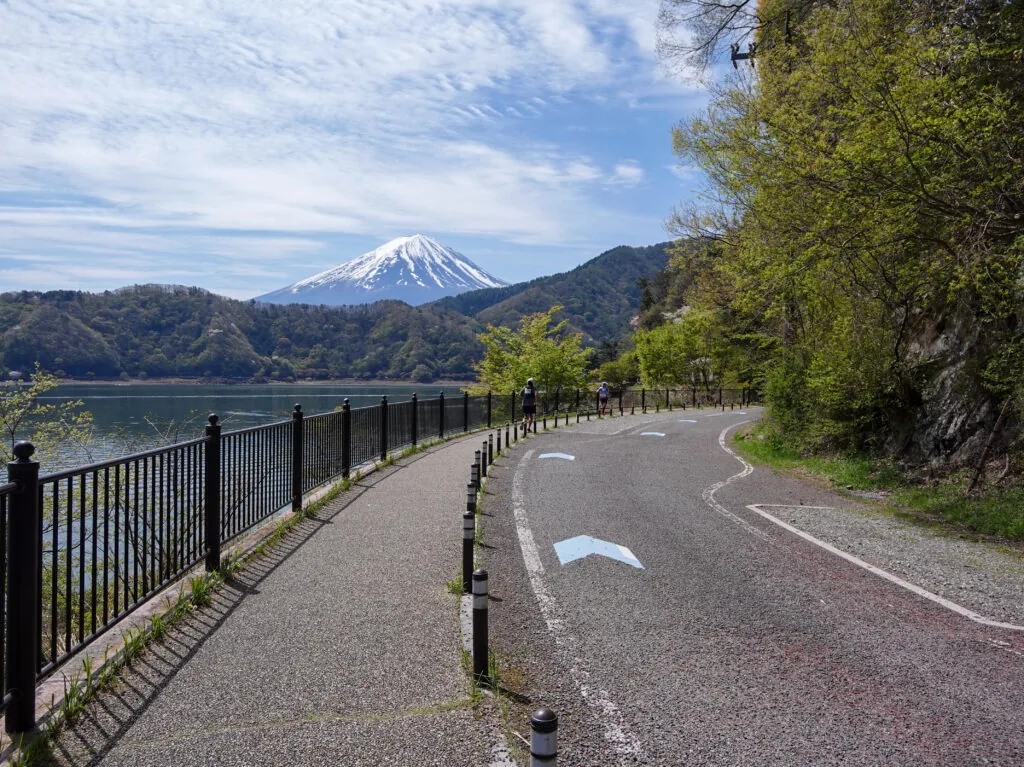 手すり越しに富士山と湖を望む湖畔の歩道