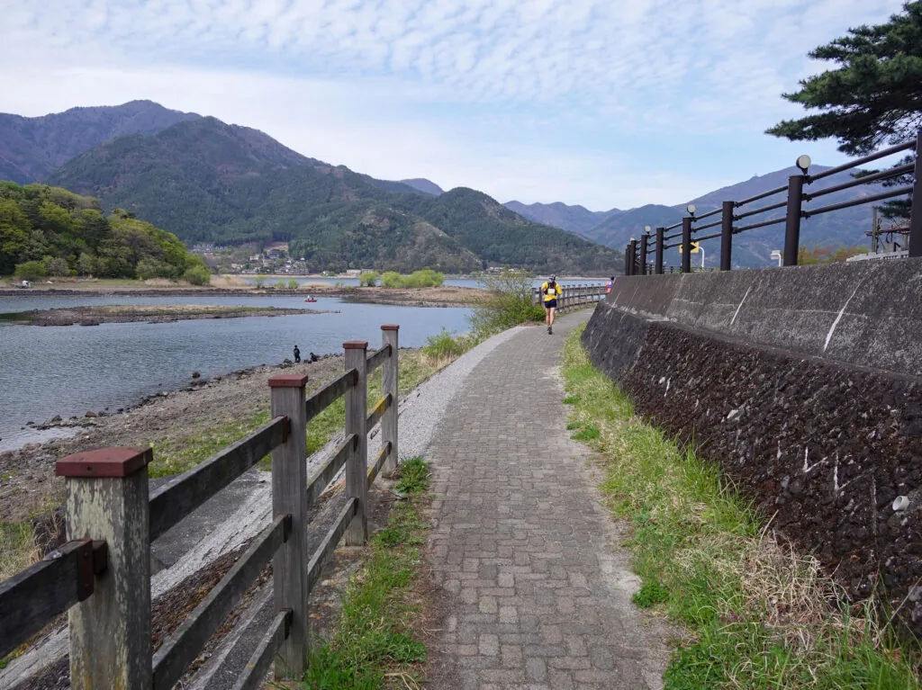 石垣と柵に挟まれた、湖畔のタイル敷きの歩道