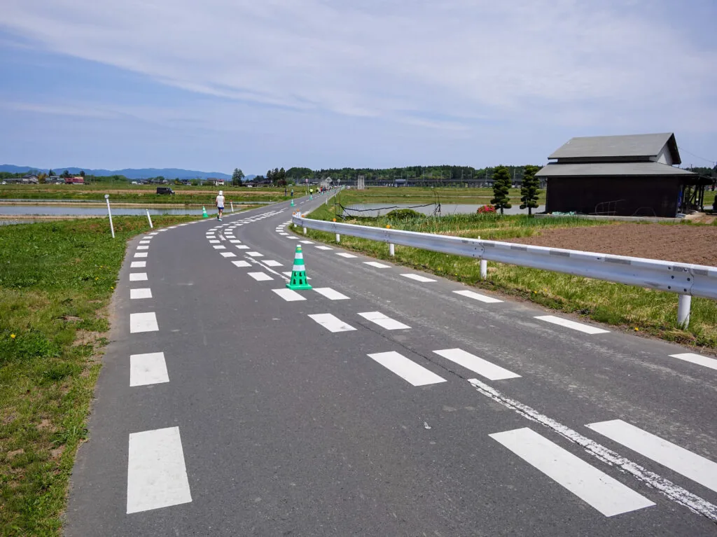 田園地帯の中をカーブして続く道路